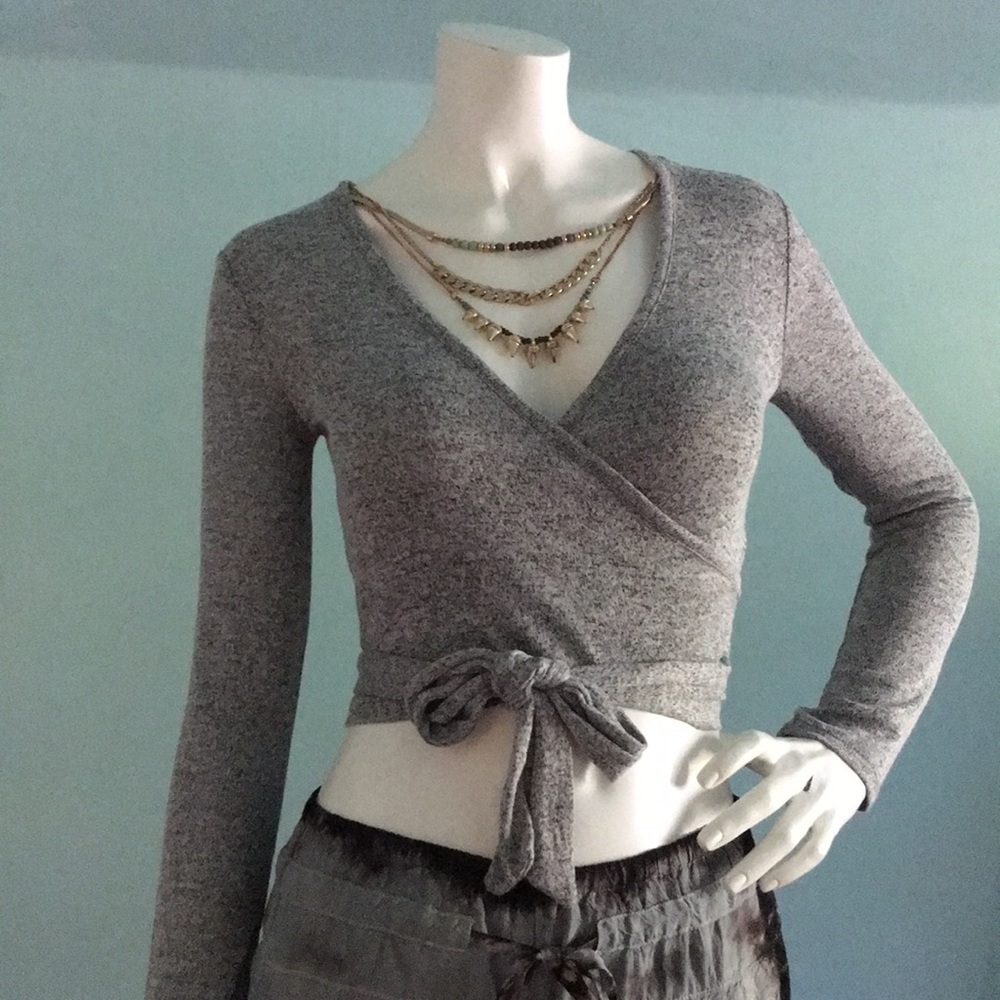 NWT Forever21 Gray Cozy Brushed Fleece Marled Wrap Front Top S